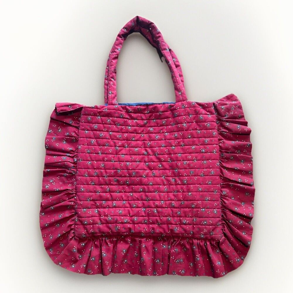 Handmade Quilted Floral Cotton Big Tote Bag Red Navy Ruffle COTTAGE Granny Core